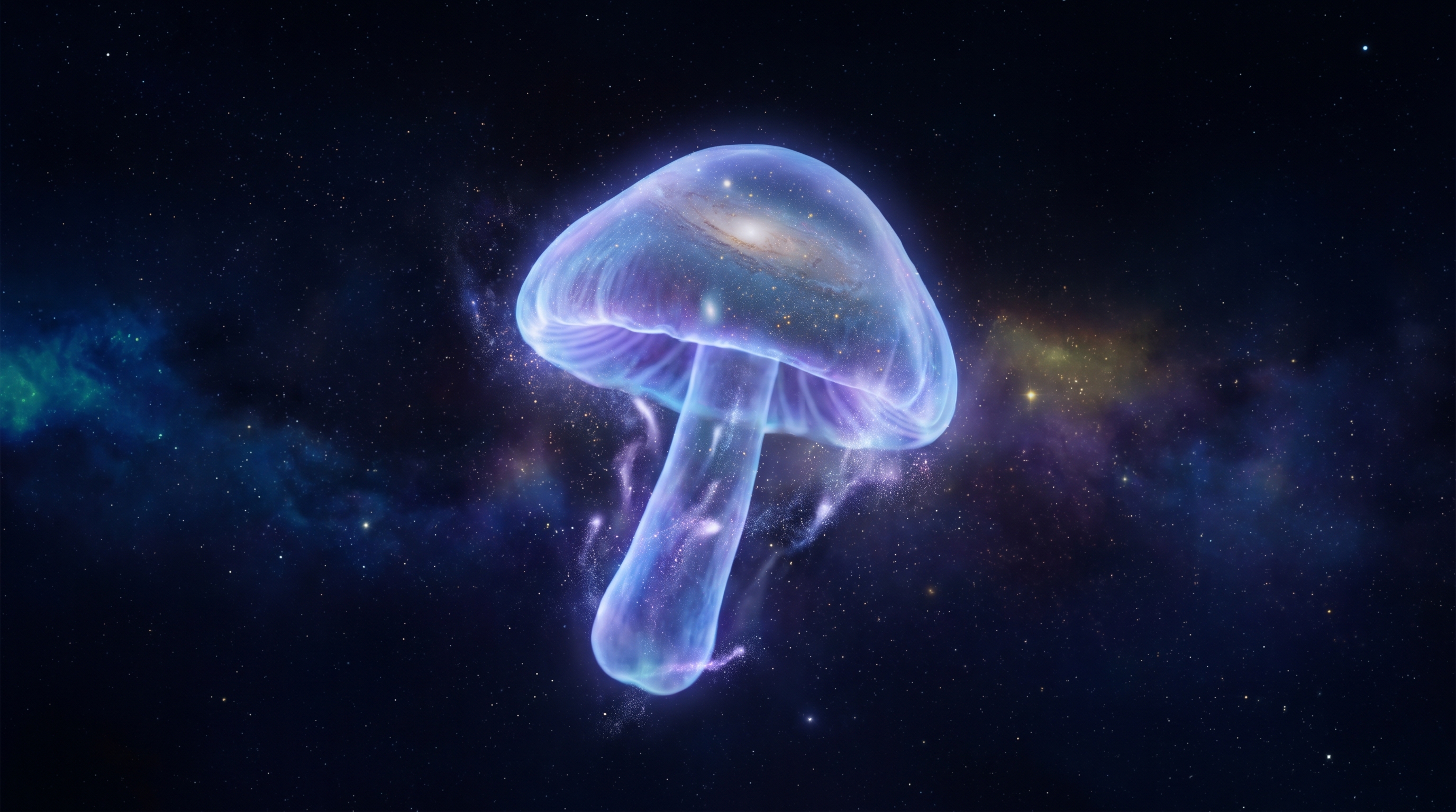psilocybin mushrooms from space hero - Blog Bioluminescent psilocybin mushroom floating in deep space surrounded by stars and cosmic dust