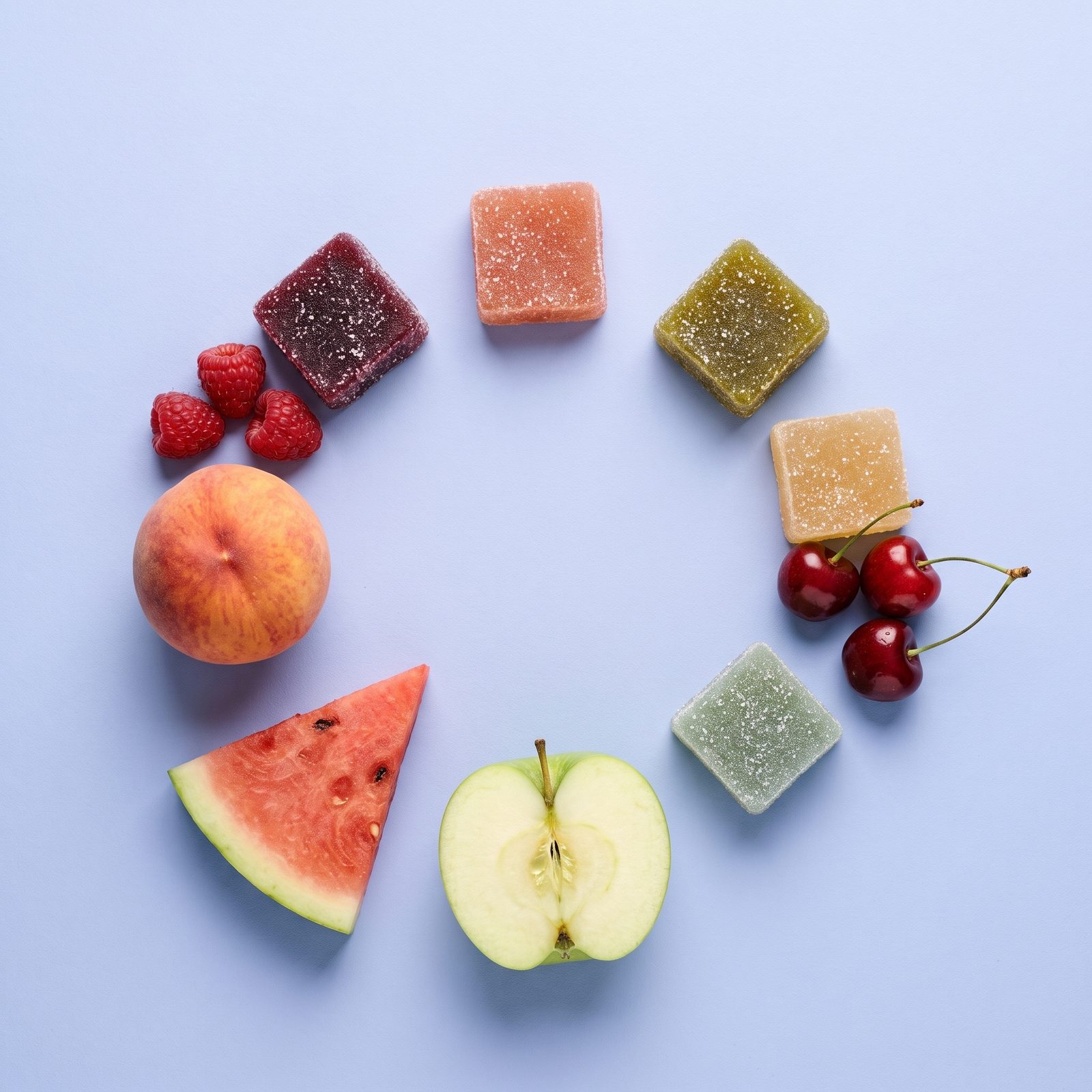 magic gummies five flavors - The five Magic Gummies flavors laid in a ring with fresh peach, cherries, watermelon, apple and raspberries