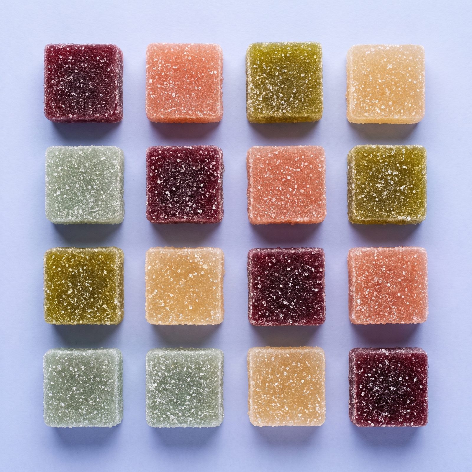 magic gummies flavor grid - Grid of sugared Magic Gummies cubes in wine, coral, olive, amber and sage