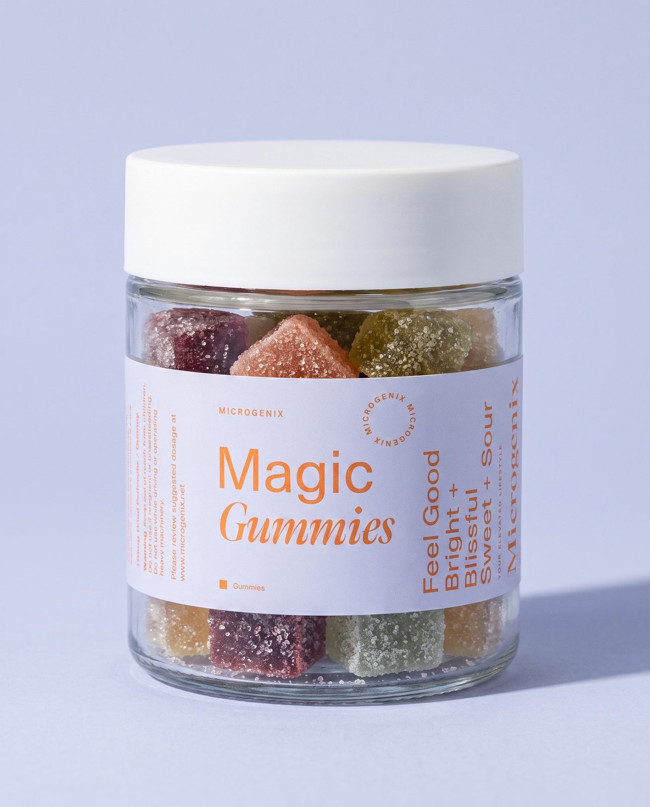 magic gummies jar angle - Magic Gummies jar photographed at three quarter angle on a periwinkle sweep