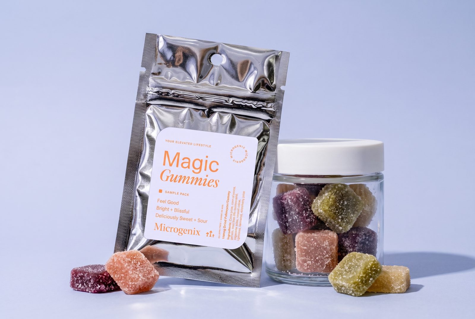 magic gummies pouch and jar - Magic Gummies foil sample pouch standing beside the glass jar
